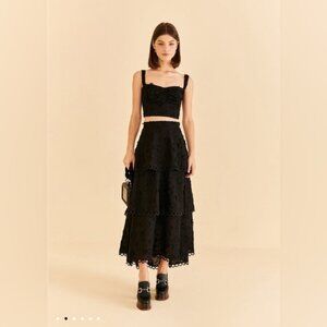 Farm Rio Black 3d Flower Tiered Maxi Skirt